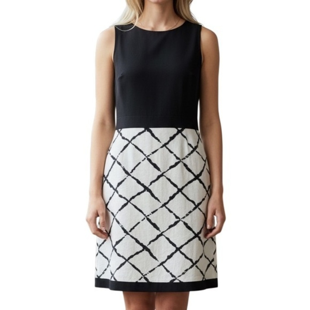Ann Taylor Women’s Petite 12P Linen Blend Sheath Dress Black White Preppy Office